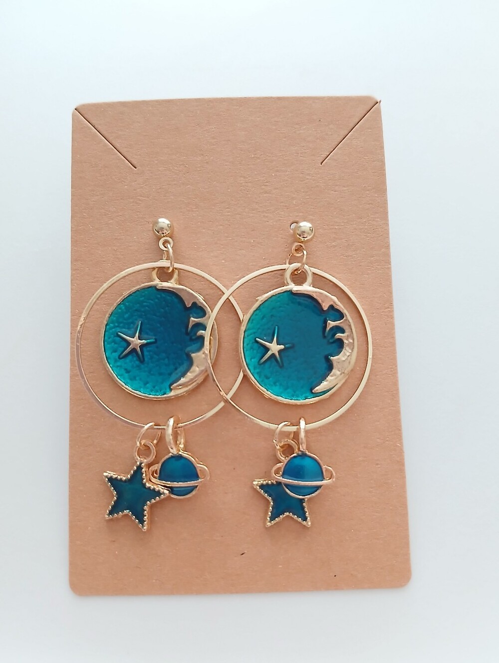 Fashion Jewelry Gold-Tone Teal Moon & Star Drop Earrings